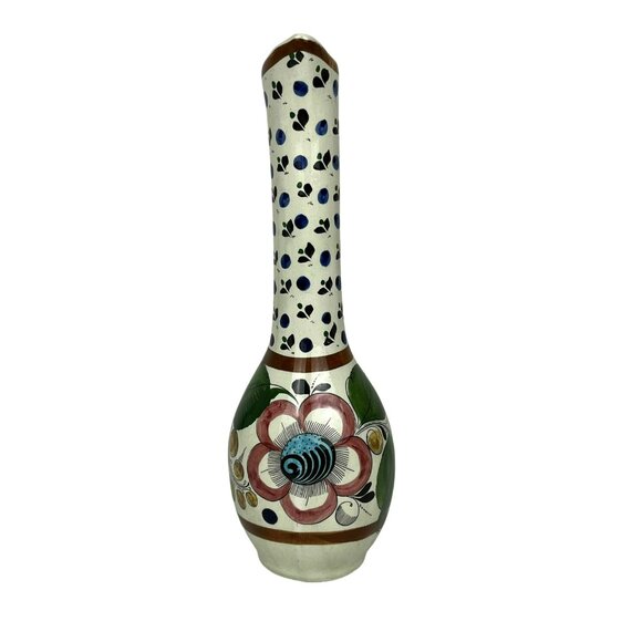 Mexican Folk Art Pottery Hand-Painted Thin Tall Vase Pitcher Floral 11-1/2" - Picture 2 of 8